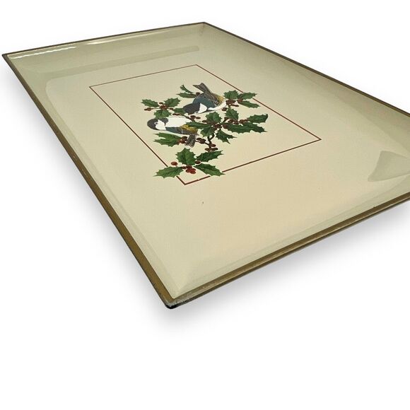 Vintage Otagiri Japan Lacquerware Tray Chickadees on Holly Christmas Bird 8.5x6” - Picture 11 of 12